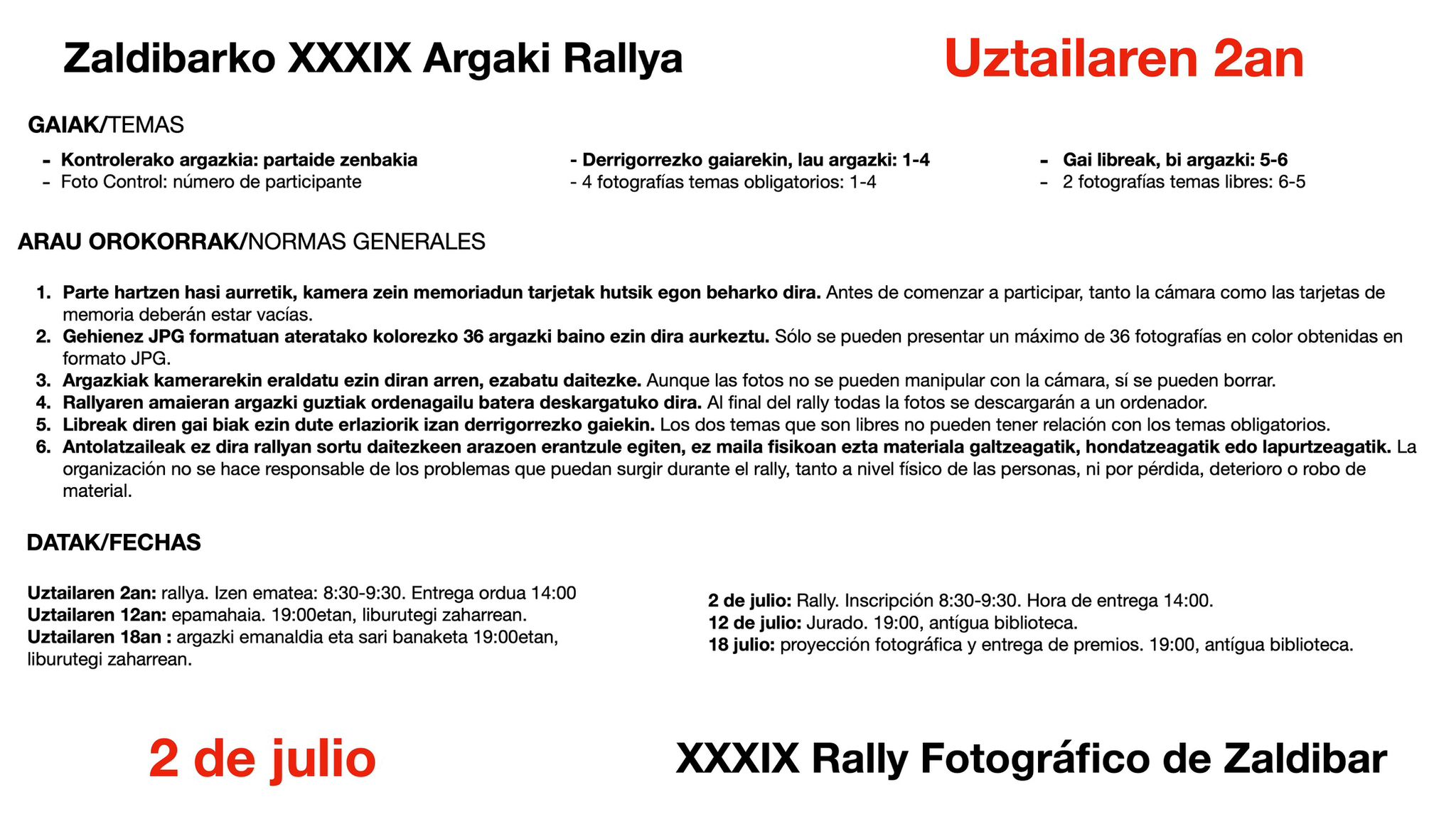 Ven a participar el el XXXIX rraly fotográfico de Zaldibar el 2 de julio de 2023, conoce las bases.